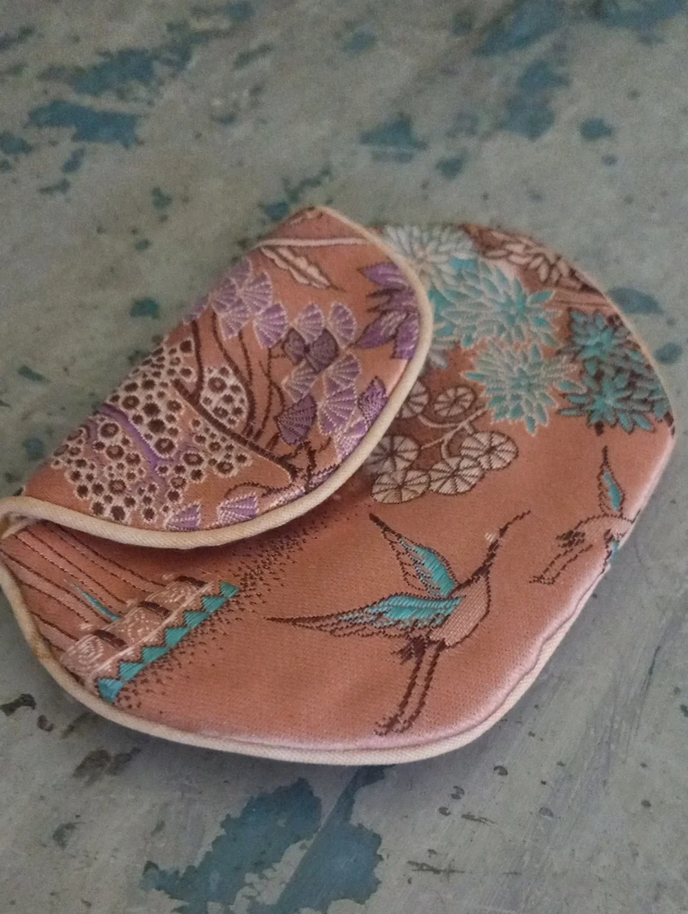Vintage Japanese Silk Brocade Mini Clutch Pouch Crane Embroidery